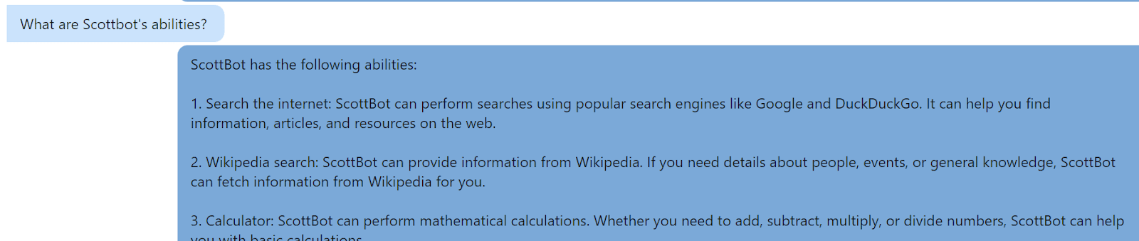 A successful Scottbot reply to 'what are Scottbot's abilities?'